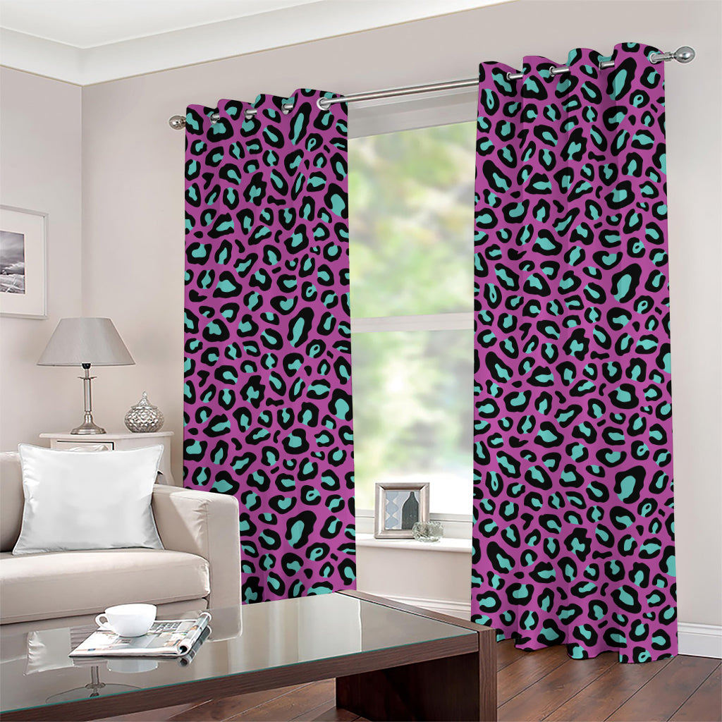 Purple And Teal Leopard Pattern Print Grommet Curtains