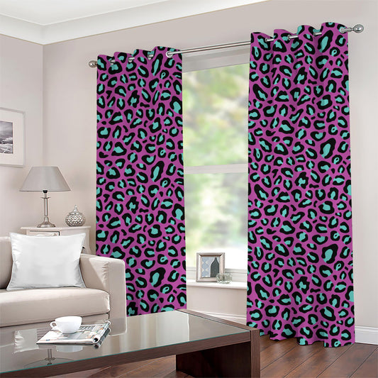 Purple And Teal Leopard Pattern Print Grommet Curtains
