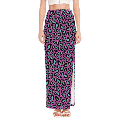 Purple And Teal Leopard Pattern Print High Slit Maxi Skirt