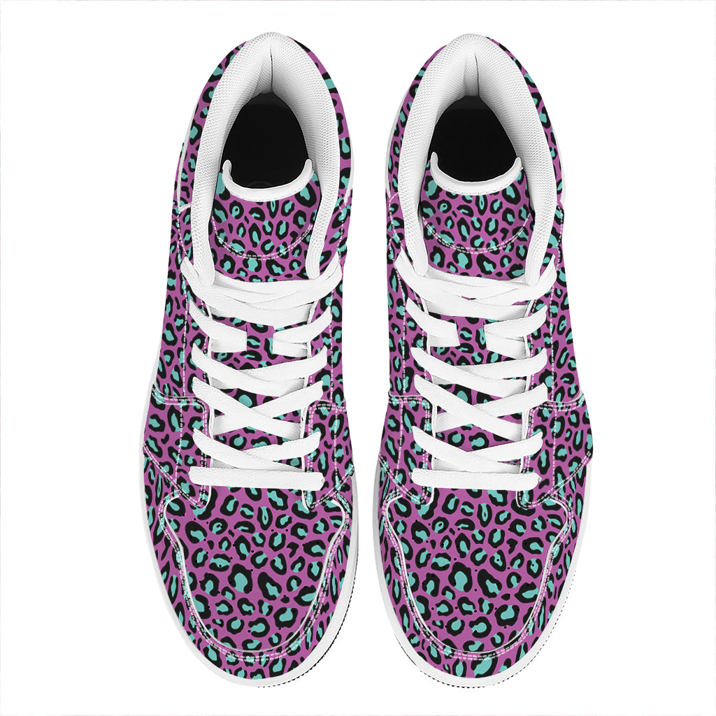 Purple And Teal Leopard Pattern Print High Top Leather Sneakers