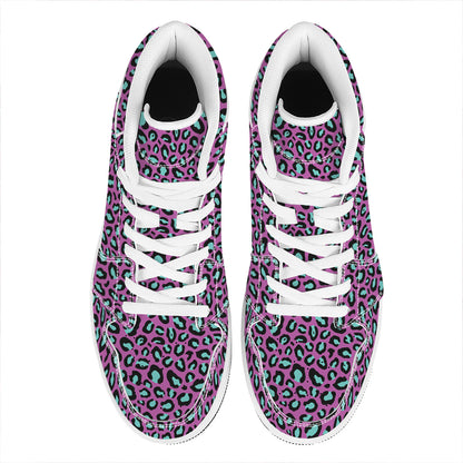 Purple And Teal Leopard Pattern Print High Top Leather Sneakers
