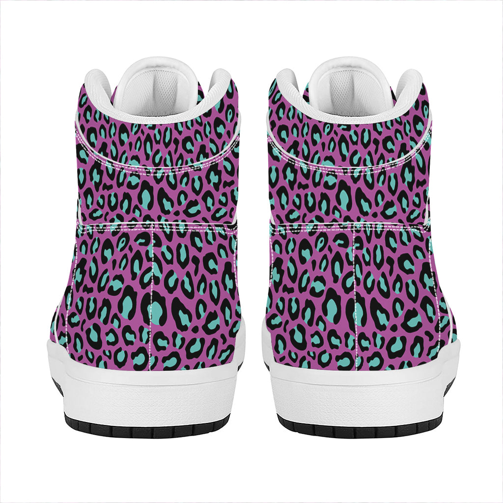 Purple And Teal Leopard Pattern Print High Top Leather Sneakers