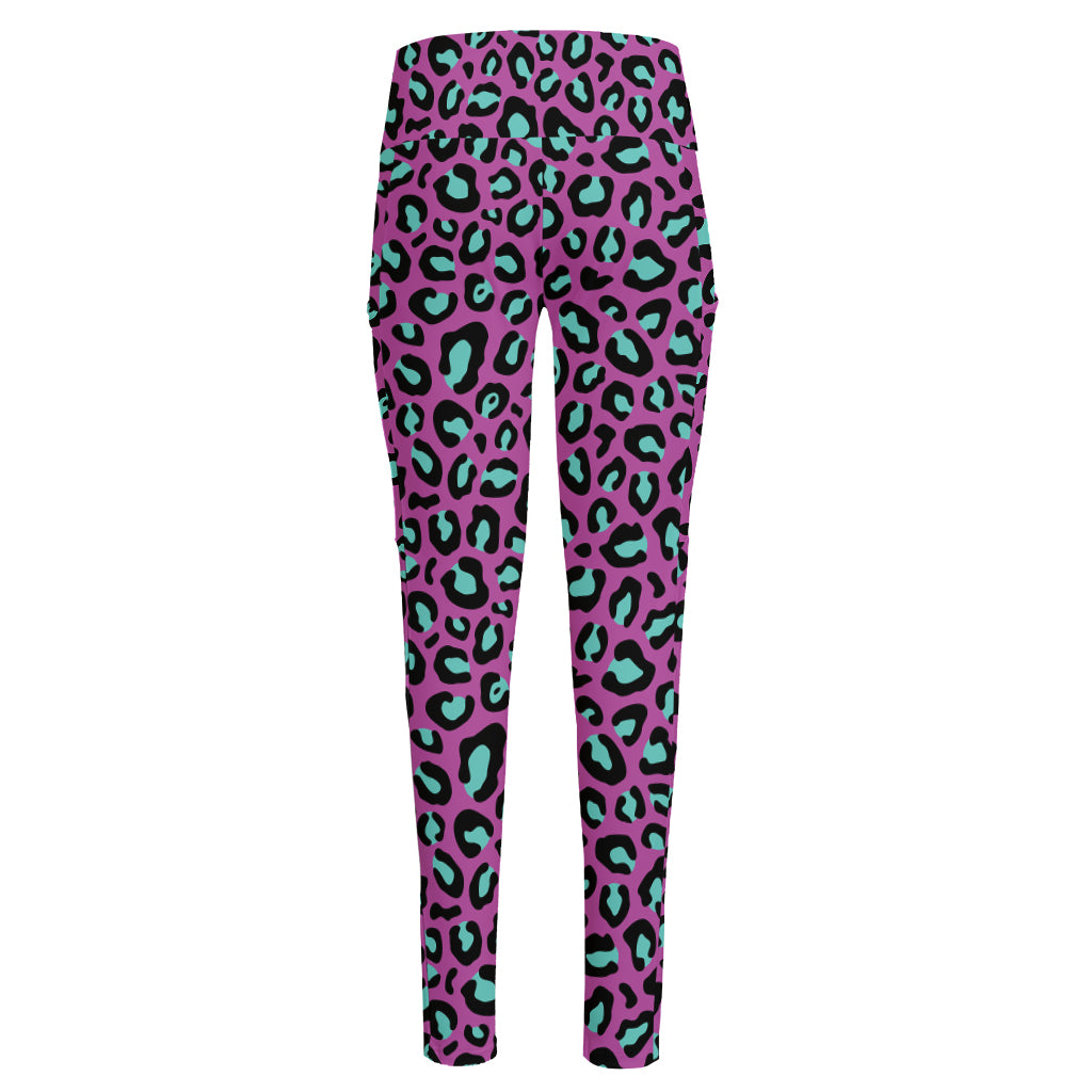 Purple And Teal Leopard Pattern Print High-Waisted Pocket Leggings