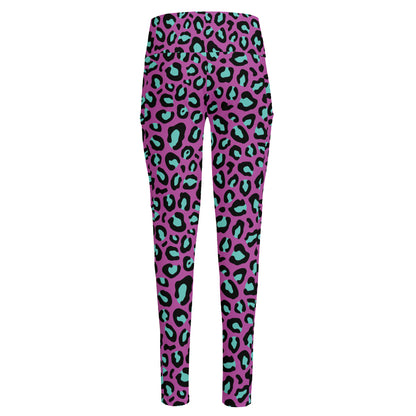 Purple And Teal Leopard Pattern Print High-Waisted Pocket Leggings