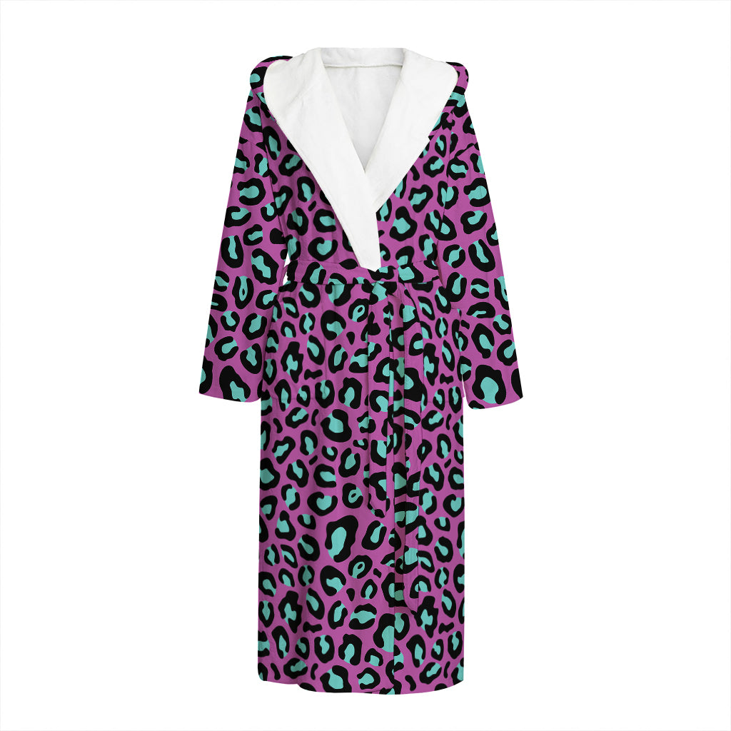 Purple And Teal Leopard Pattern Print Hooded Bathrobe
