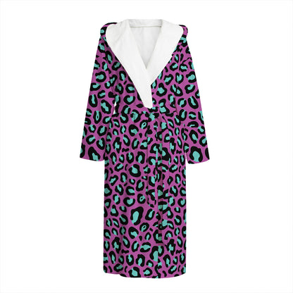 Purple And Teal Leopard Pattern Print Hooded Bathrobe