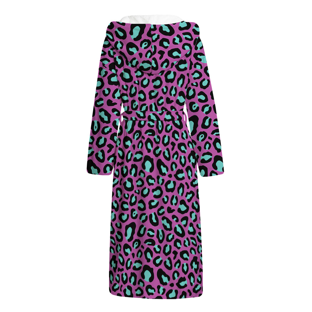 Purple And Teal Leopard Pattern Print Hooded Bathrobe