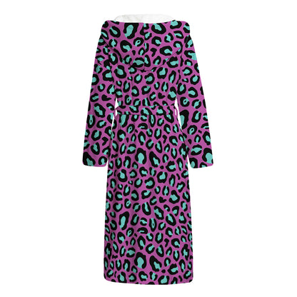 Purple And Teal Leopard Pattern Print Hooded Bathrobe