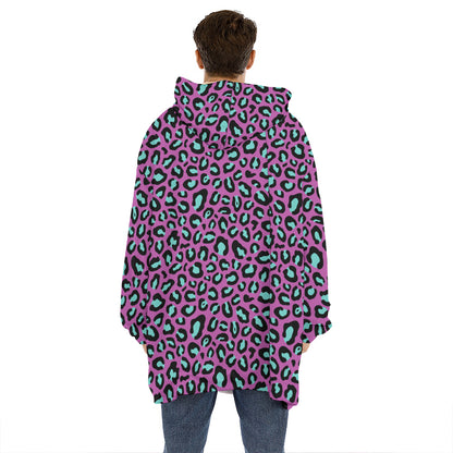Purple And Teal Leopard Pattern Print Hoodie Blanket