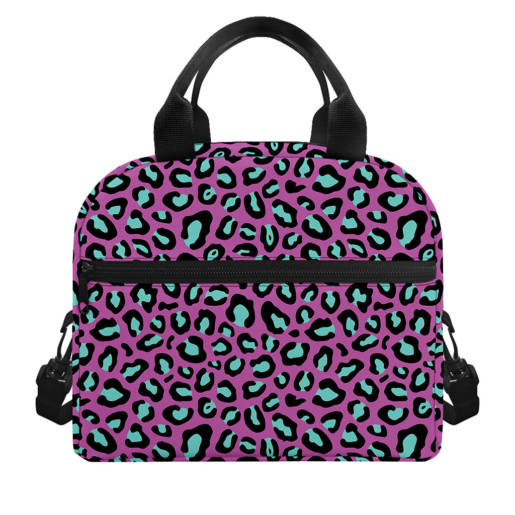 Purple And Teal Leopard Pattern Print Insulated Lunch Bag