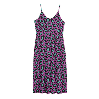 Purple And Teal Leopard Pattern Print Jersey Midi Cami Dress