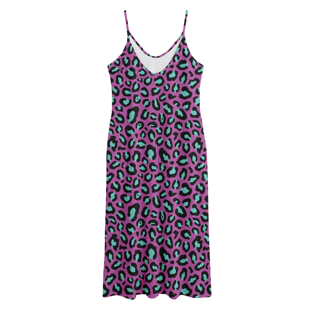 Purple And Teal Leopard Pattern Print Jersey Midi Cami Dress