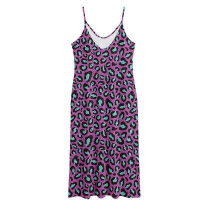 Purple And Teal Leopard Pattern Print Jersey Midi Cami Dress