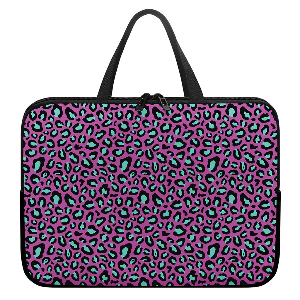 Purple And Teal Leopard Pattern Print Laptop Sleeve With Handle