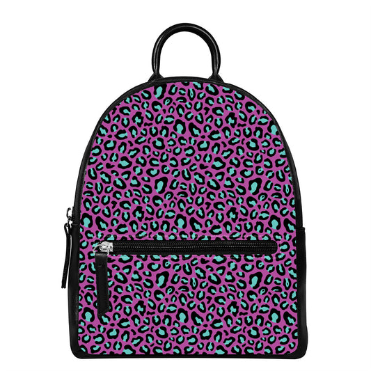 Purple And Teal Leopard Pattern Print Leather Backpack