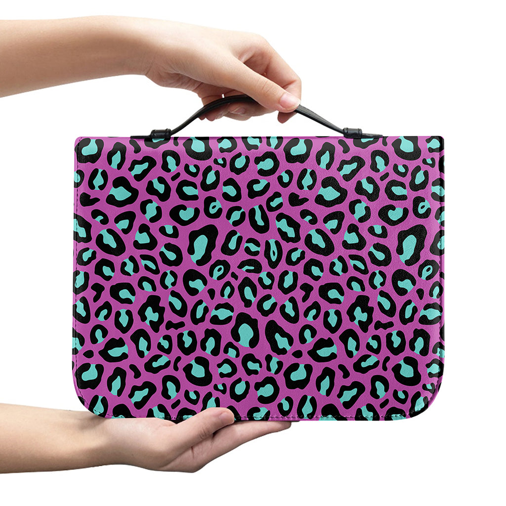 Purple And Teal Leopard Pattern Print Leather Bible Cover