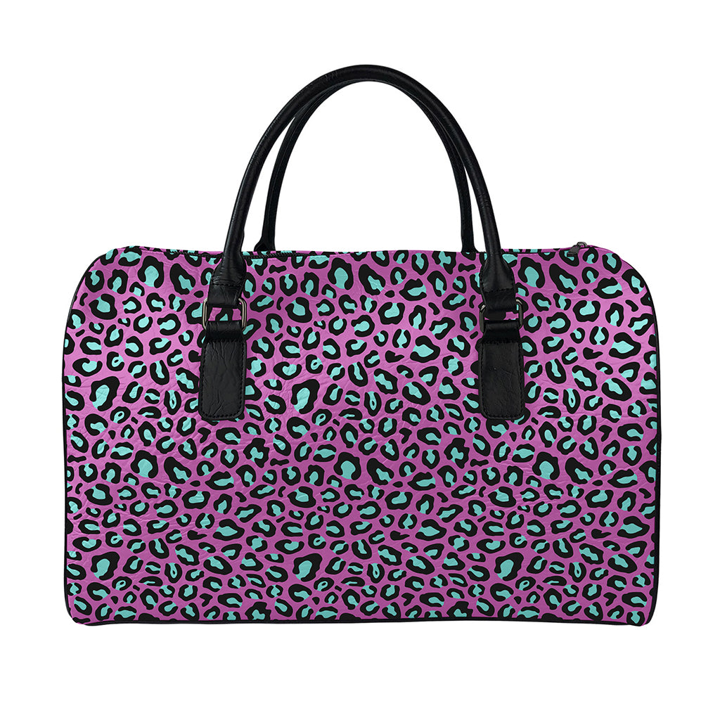 Purple And Teal Leopard Pattern Print Leather Duffle Bag