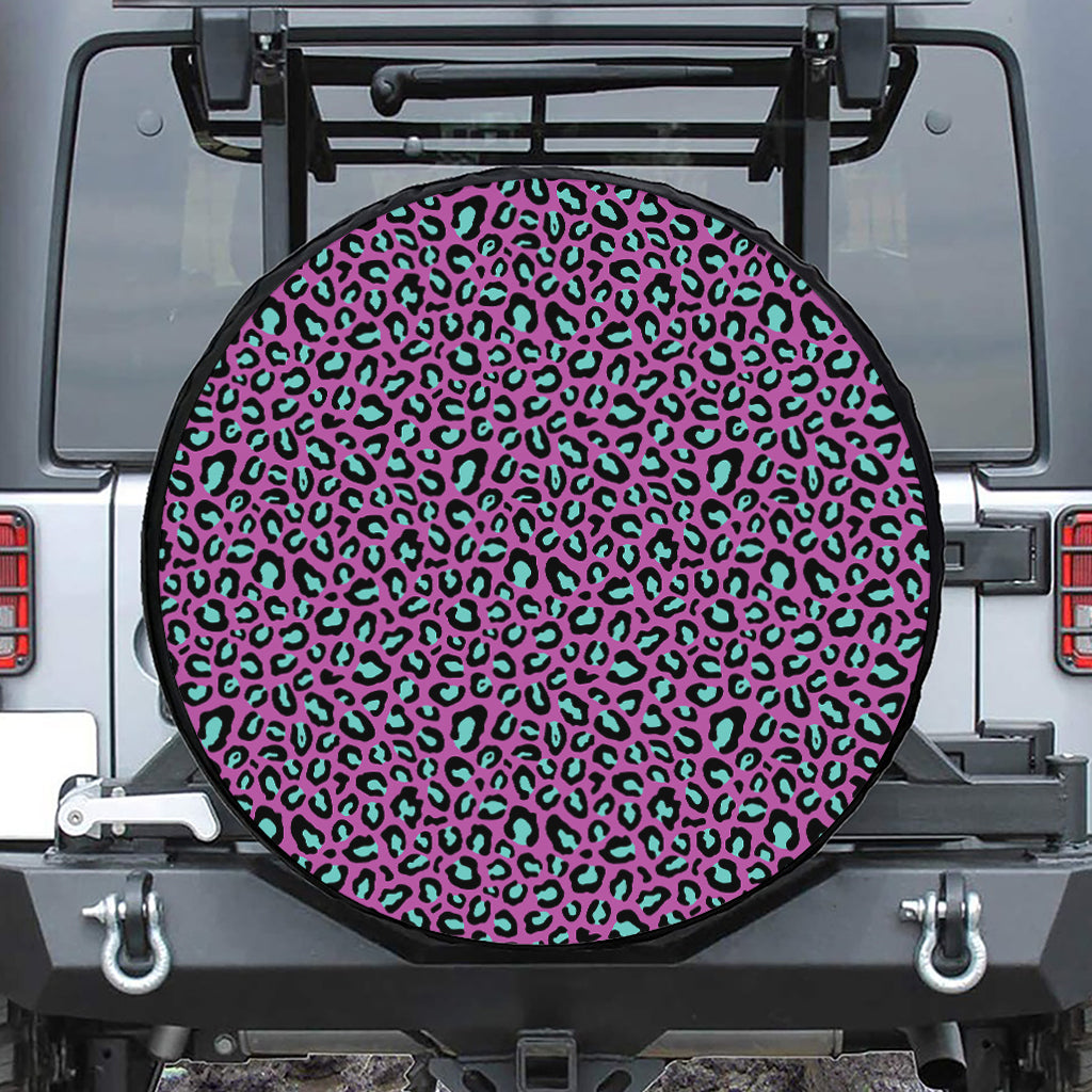 Purple And Teal Leopard Pattern Print Leather Spare Tire Cover