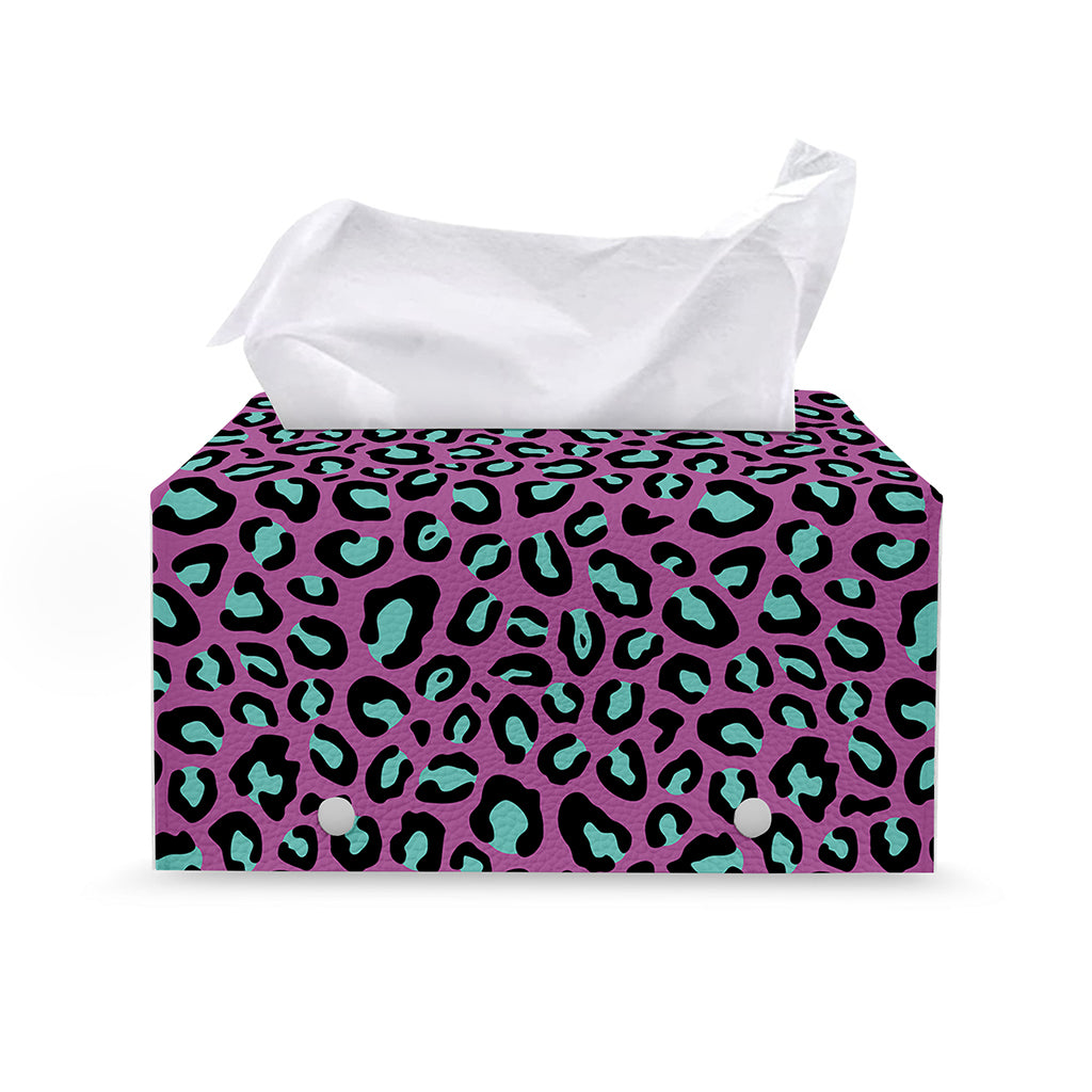 Purple And Teal Leopard Pattern Print Leather Tissue Box Cover