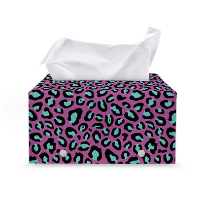 Purple And Teal Leopard Pattern Print Leather Tissue Box Cover