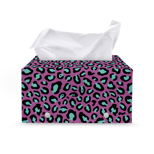 Purple And Teal Leopard Pattern Print Leather Tissue Box Cover
