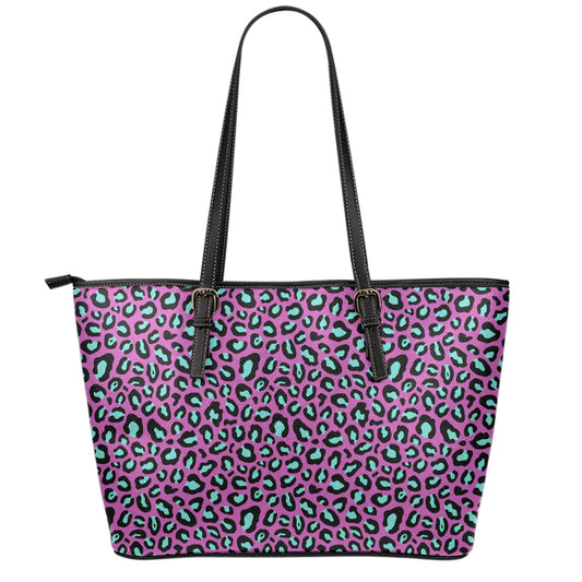 Purple And Teal Leopard Pattern Print Leather Tote Bag