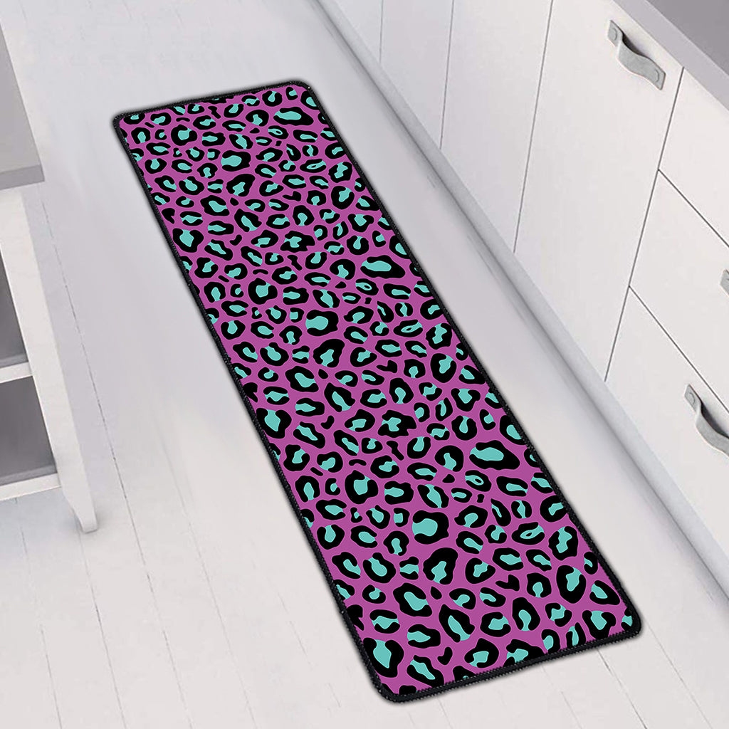 Purple And Teal Leopard Pattern Print Long Kitchen Mat