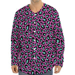 Purple And Teal Leopard Pattern Print Long Sleeve Baseball Jersey