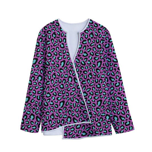 Purple And Teal Leopard Pattern Print Long Sleeve Short Coat