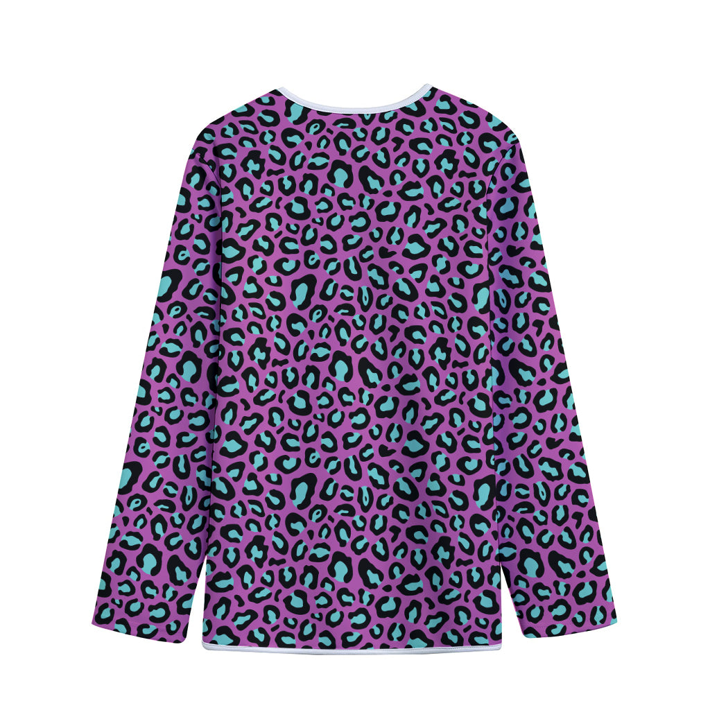 Purple And Teal Leopard Pattern Print Long Sleeve Short Coat