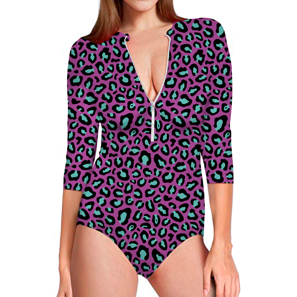 Purple And Teal Leopard Pattern Print Long Sleeve Swimsuit