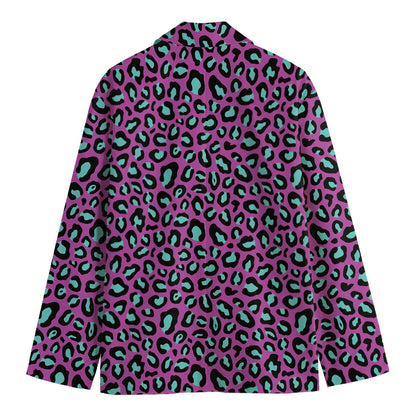 Purple And Teal Leopard Pattern Print Men's Blazer