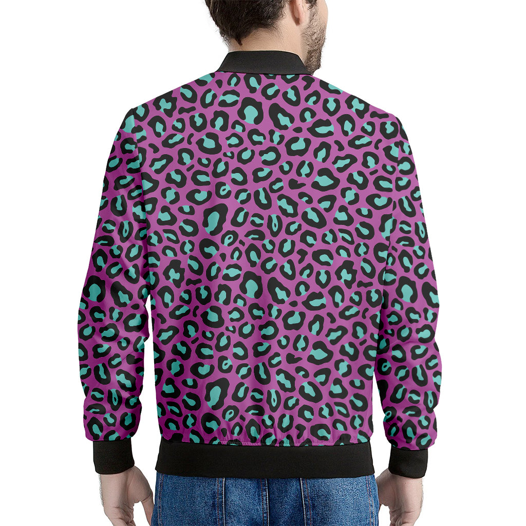 Purple And Teal Leopard Pattern Print Men's Bomber Jacket
