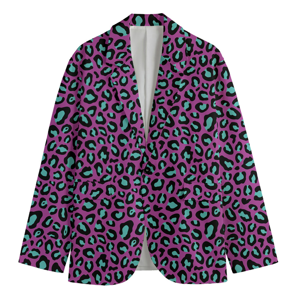 Purple And Teal Leopard Pattern Print Men's Cotton Blazer