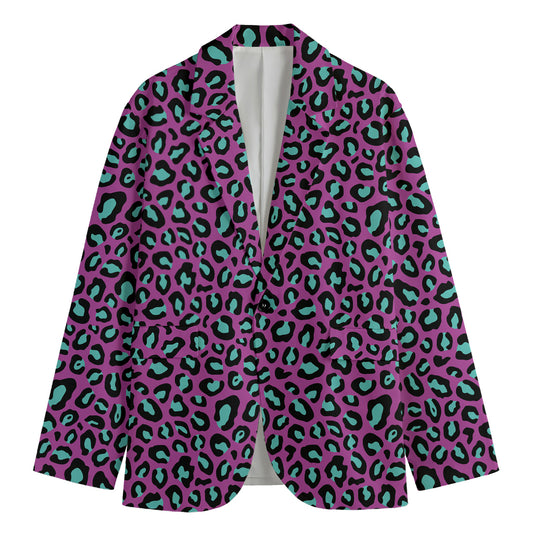 Purple And Teal Leopard Pattern Print Men's Cotton Blazer