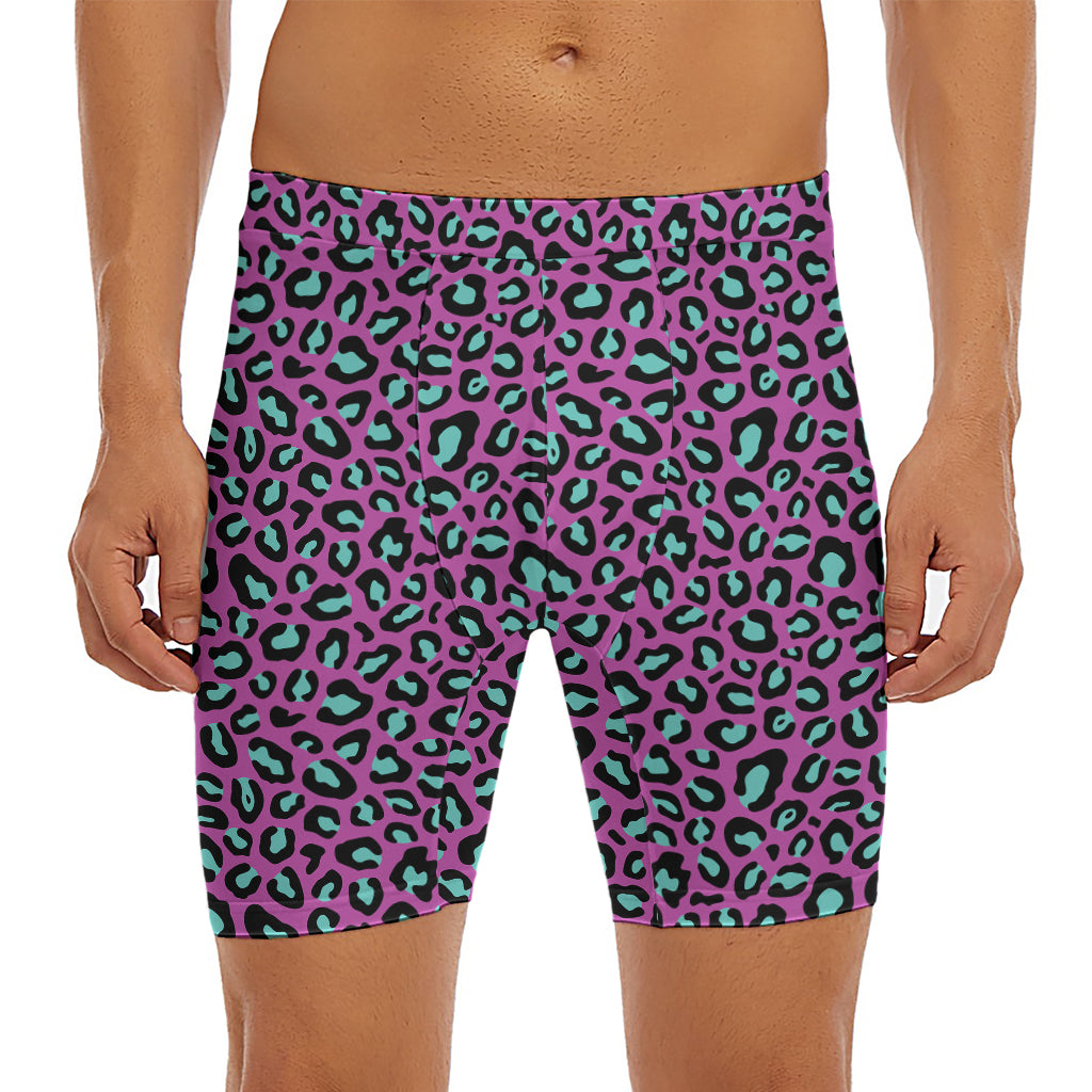 Purple And Teal Leopard Pattern Print Men's Long Boxer Briefs