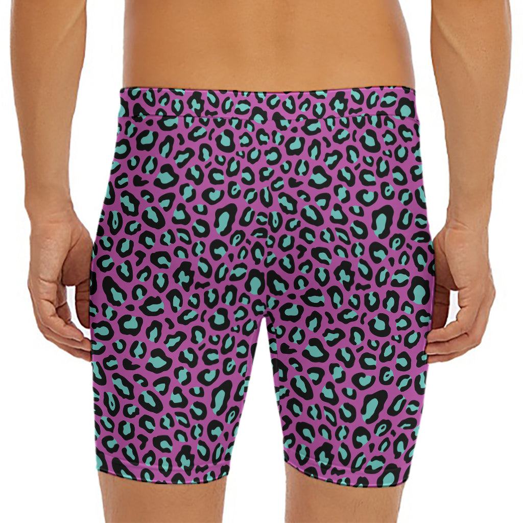 Purple And Teal Leopard Pattern Print Men's Long Boxer Briefs