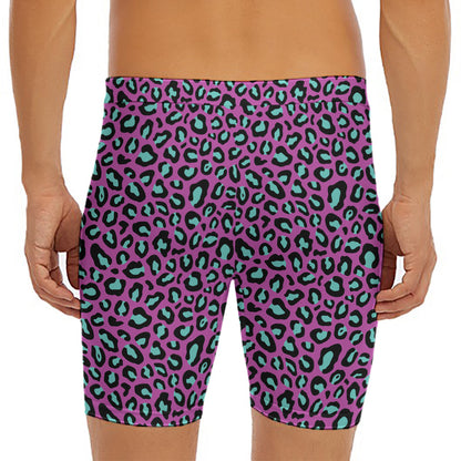 Purple And Teal Leopard Pattern Print Men's Long Boxer Briefs