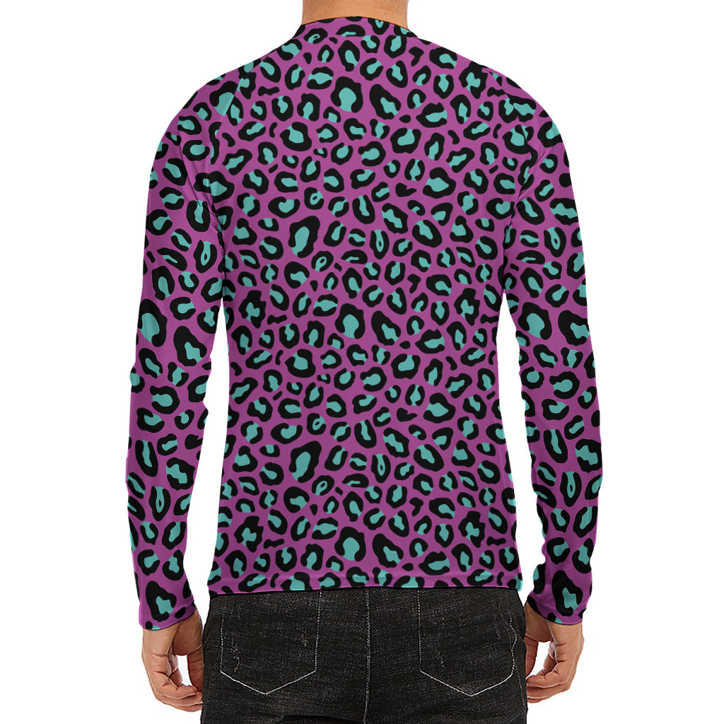 Purple And Teal Leopard Pattern Print Men's Long Sleeve Rash Guard