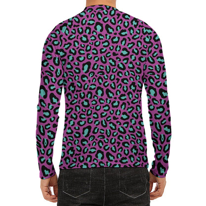 Purple And Teal Leopard Pattern Print Men's Long Sleeve Rash Guard