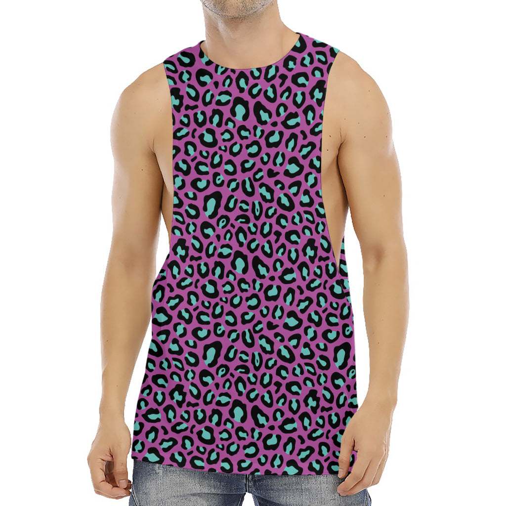 Purple And Teal Leopard Pattern Print Men's Muscle Tank Top