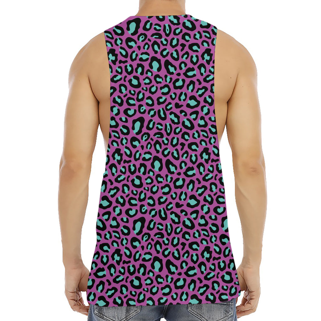 Purple And Teal Leopard Pattern Print Men's Muscle Tank Top