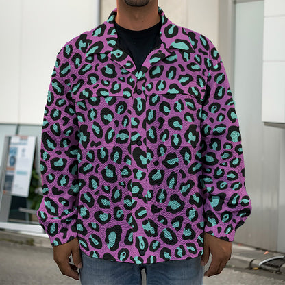 Purple And Teal Leopard Pattern Print Men's Shirt Jacket
