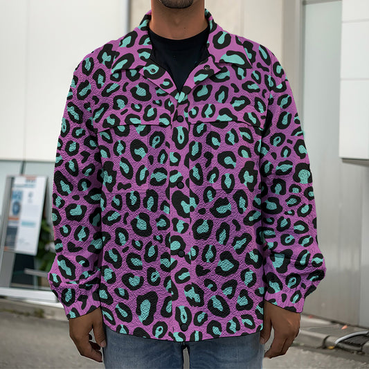 Purple And Teal Leopard Pattern Print Men's Shirt Jacket