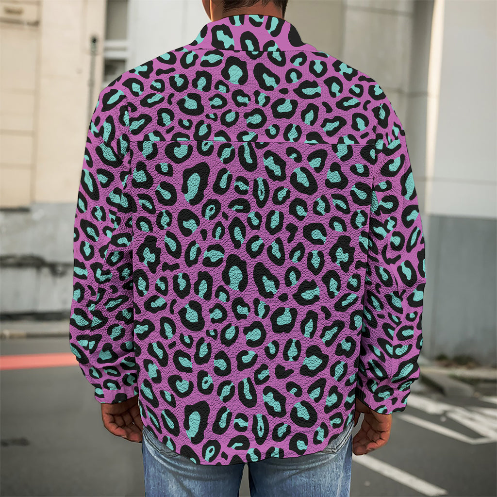 Purple And Teal Leopard Pattern Print Men's Shirt Jacket