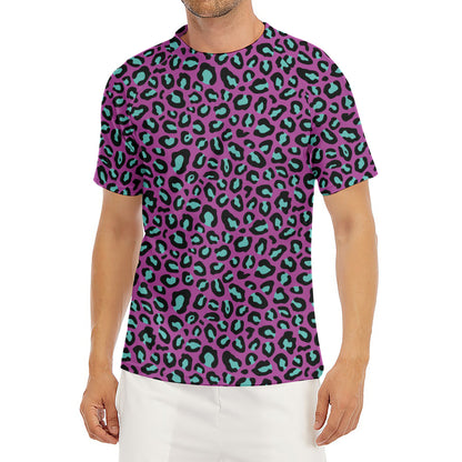Purple And Teal Leopard Pattern Print Men's Short Sleeve Rash Guard