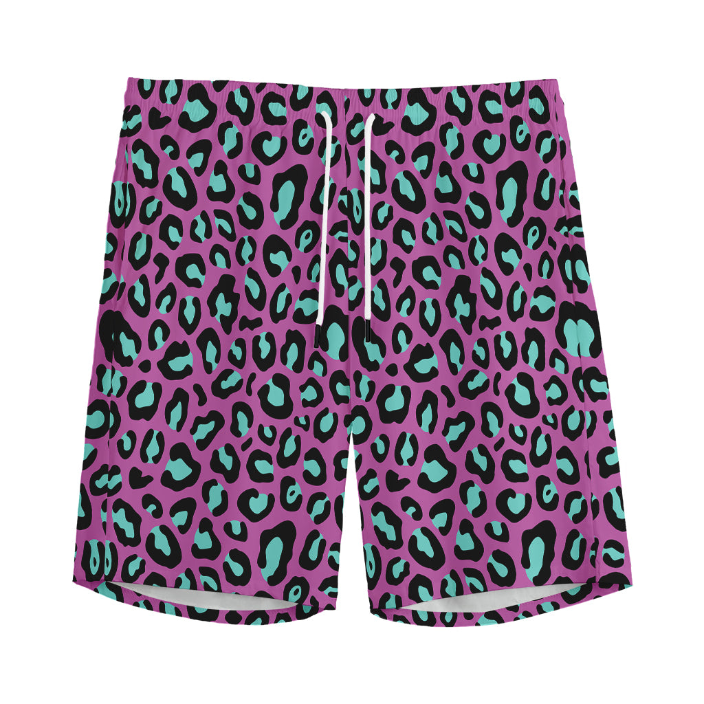 Purple And Teal Leopard Pattern Print Men's Sports Shorts