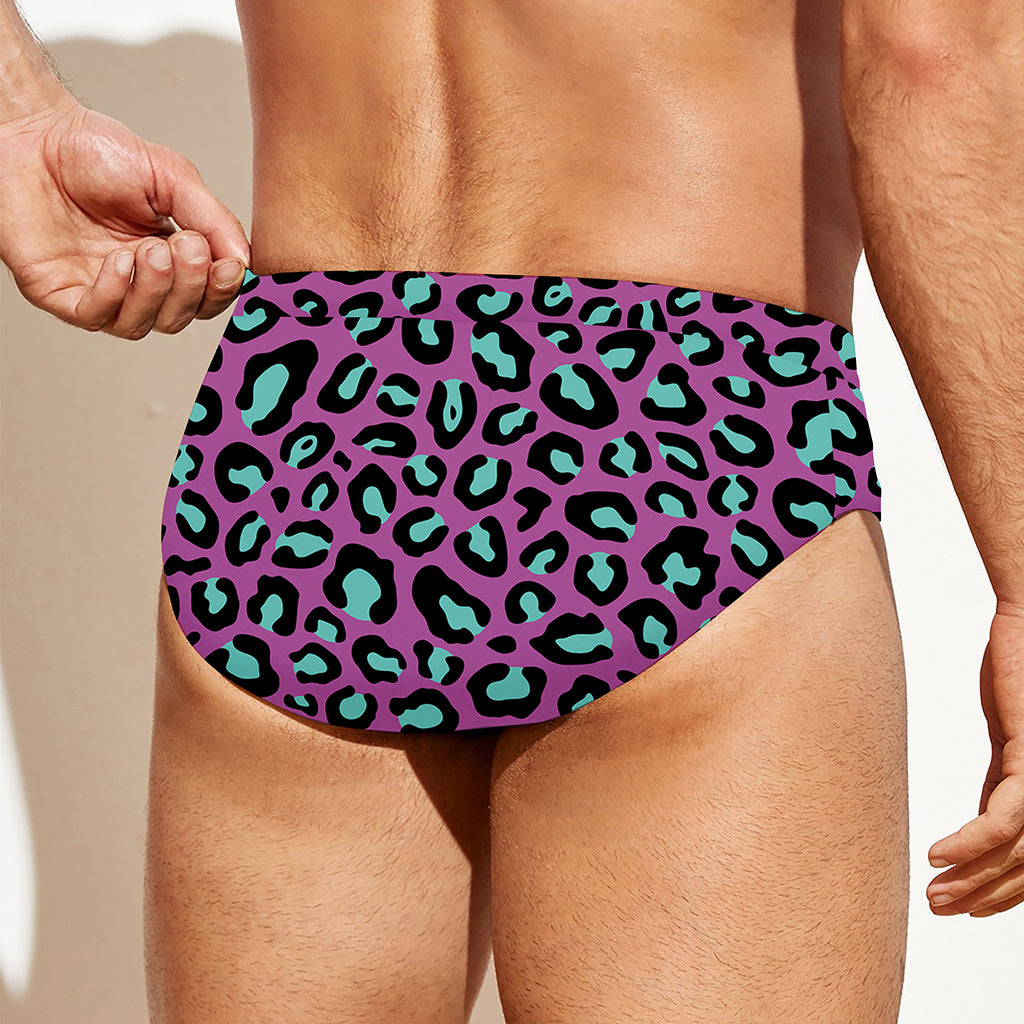 Purple And Teal Leopard Pattern Print Men's Swim Briefs