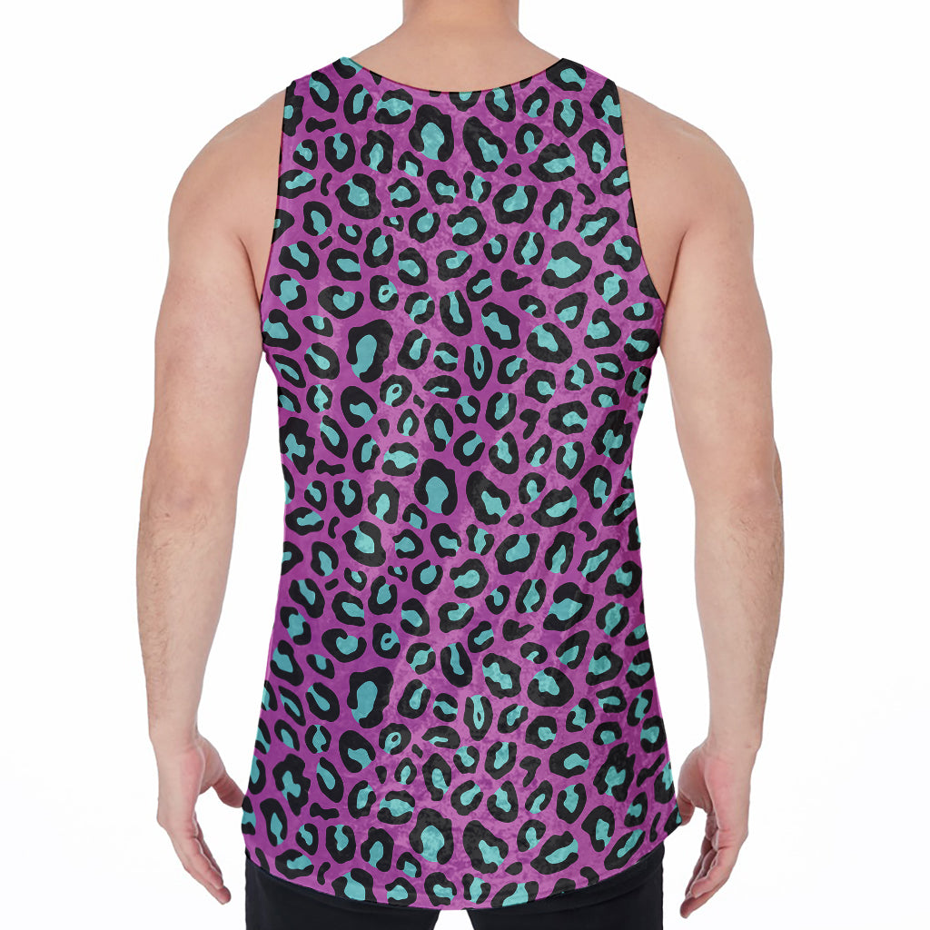 Purple And Teal Leopard Pattern Print Men's Velvet Tank Top