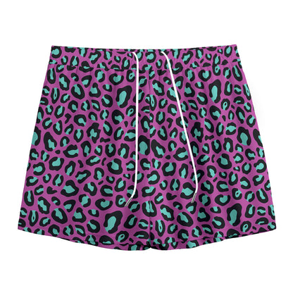 Purple And Teal Leopard Pattern Print Mesh Shorts